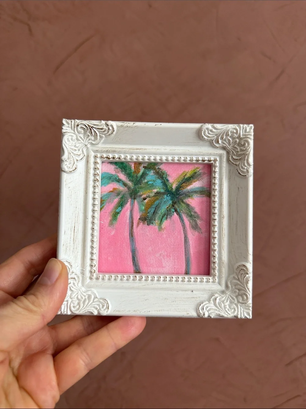 White Ornate Framed Mini Palm Painting - Pink & Green